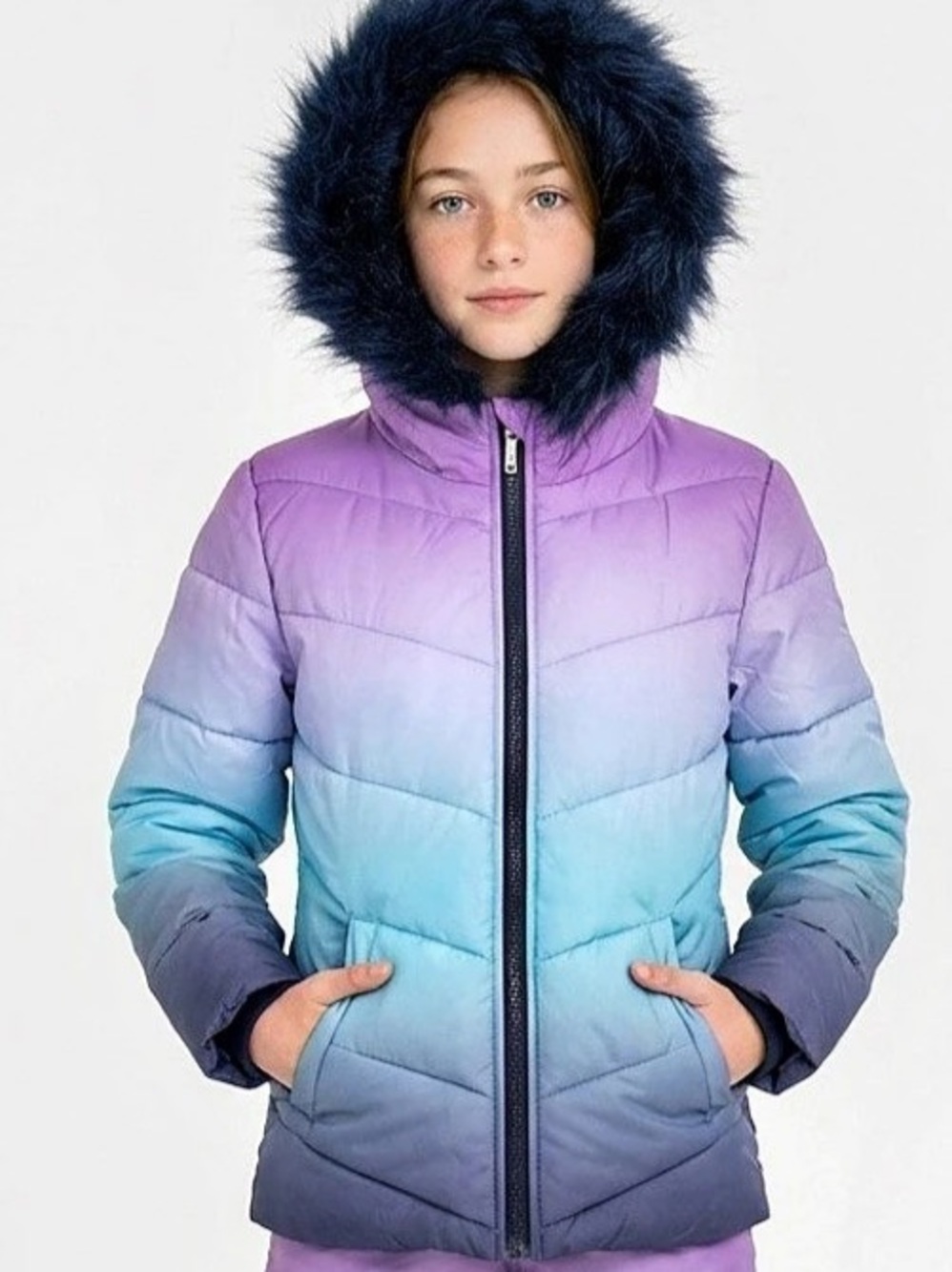 Juicy Couture Girls 14 Purple/Blue Ombre Puffer Coat Jacket Hooded Faux Fur Zip